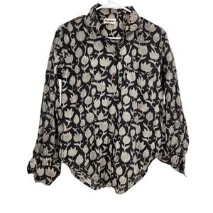 Namai Shirt Blouse Black Tan Floral Button Down Long Sleeve Relaxed Fit Size M